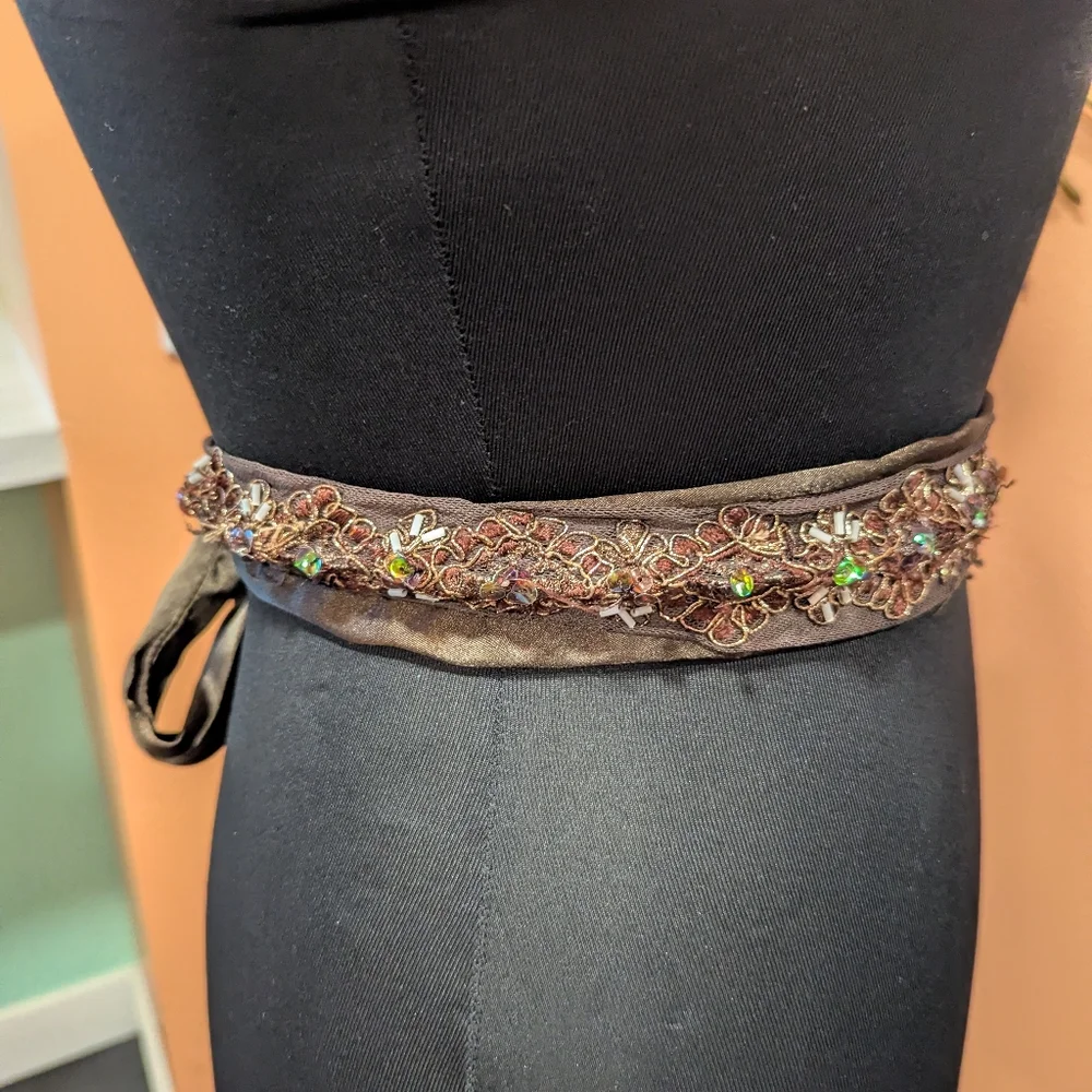 Whimsigoth Vintage Y2K Brown Belt Satin Embroidered Tie Waist Or Headband